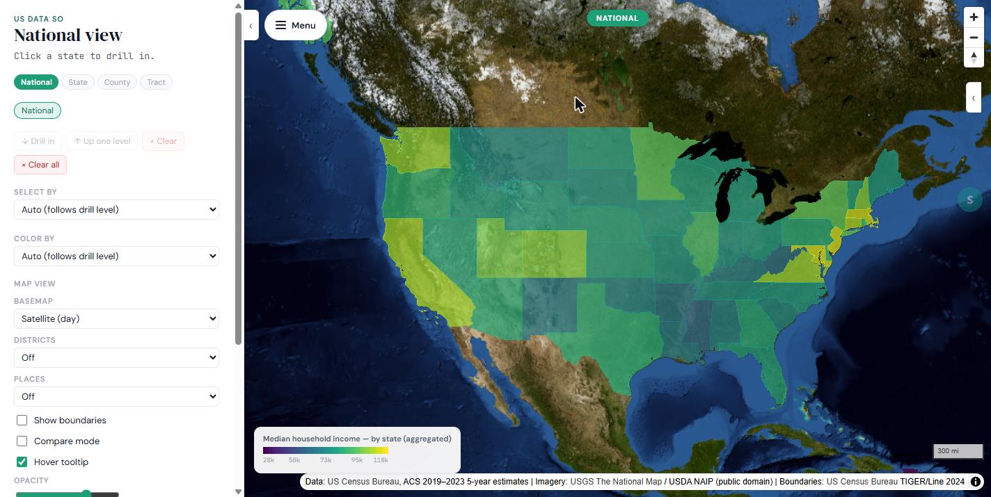 The USDataSo national view: every state shaded by median household income over a satellite basemap, with drill levels and map controls in the left panel.